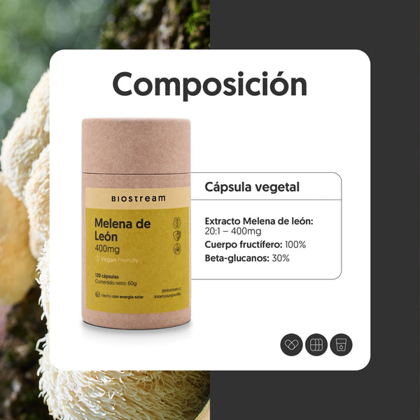 Hongo Melena de León 400mg 120 Cápsulas Vegano - Imagen 3