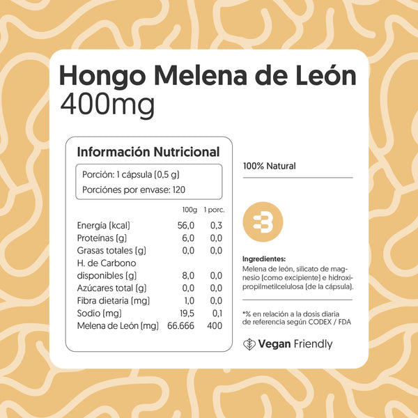 Hongo Melena de León 400mg 120 Cápsulas Vegano - Imagen 4