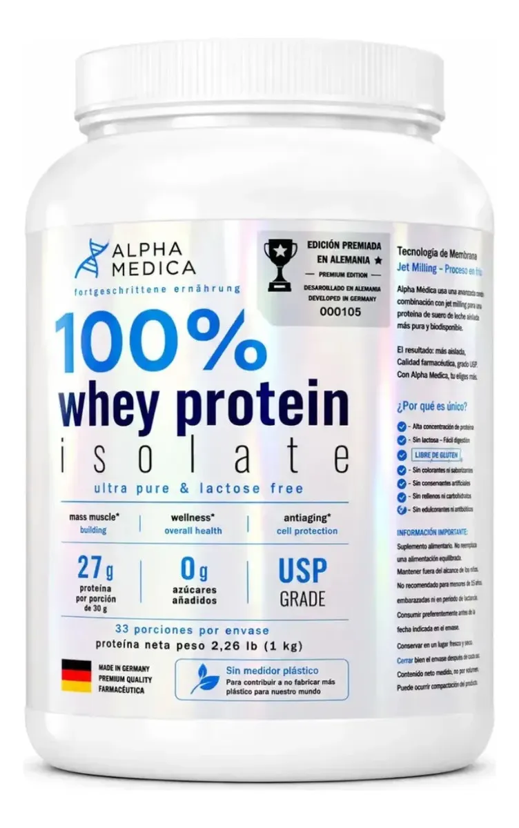 Whey Protein 100% Isolate Marca Alpha Medica Premium Sabor Sin sabor - Imagen 3