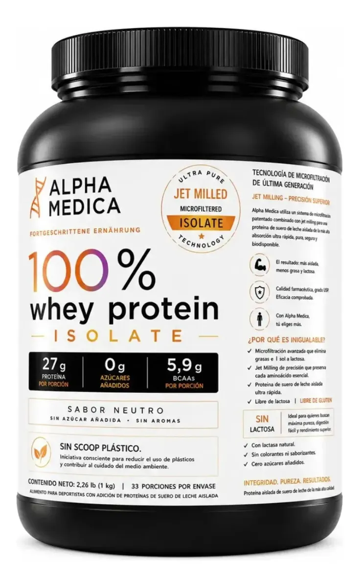 Whey Protein 100% Isolate Marca Alpha Medica Premium Sabor Sin sabor - Imagen 4