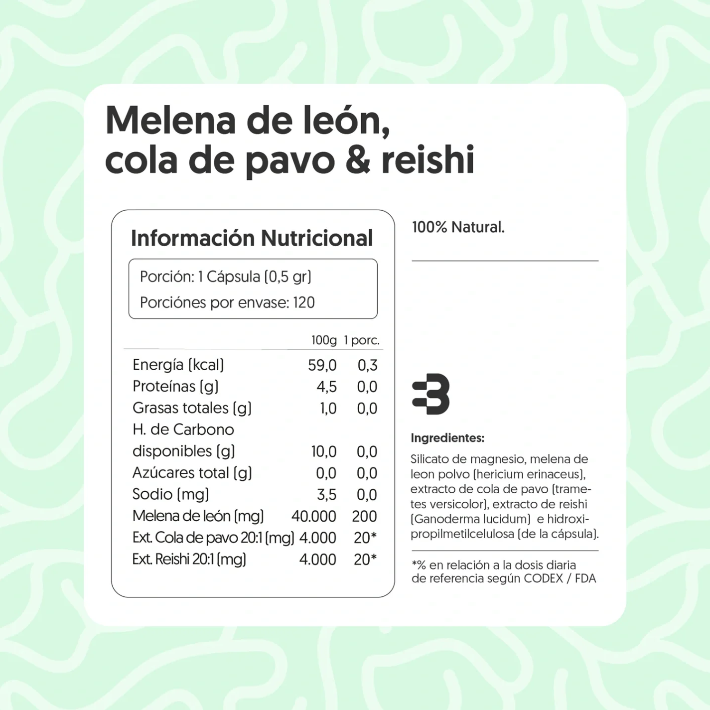 Melena de león, Cola de Pavo & Reishi 120 Cápsulas Vegano - Imagen 3